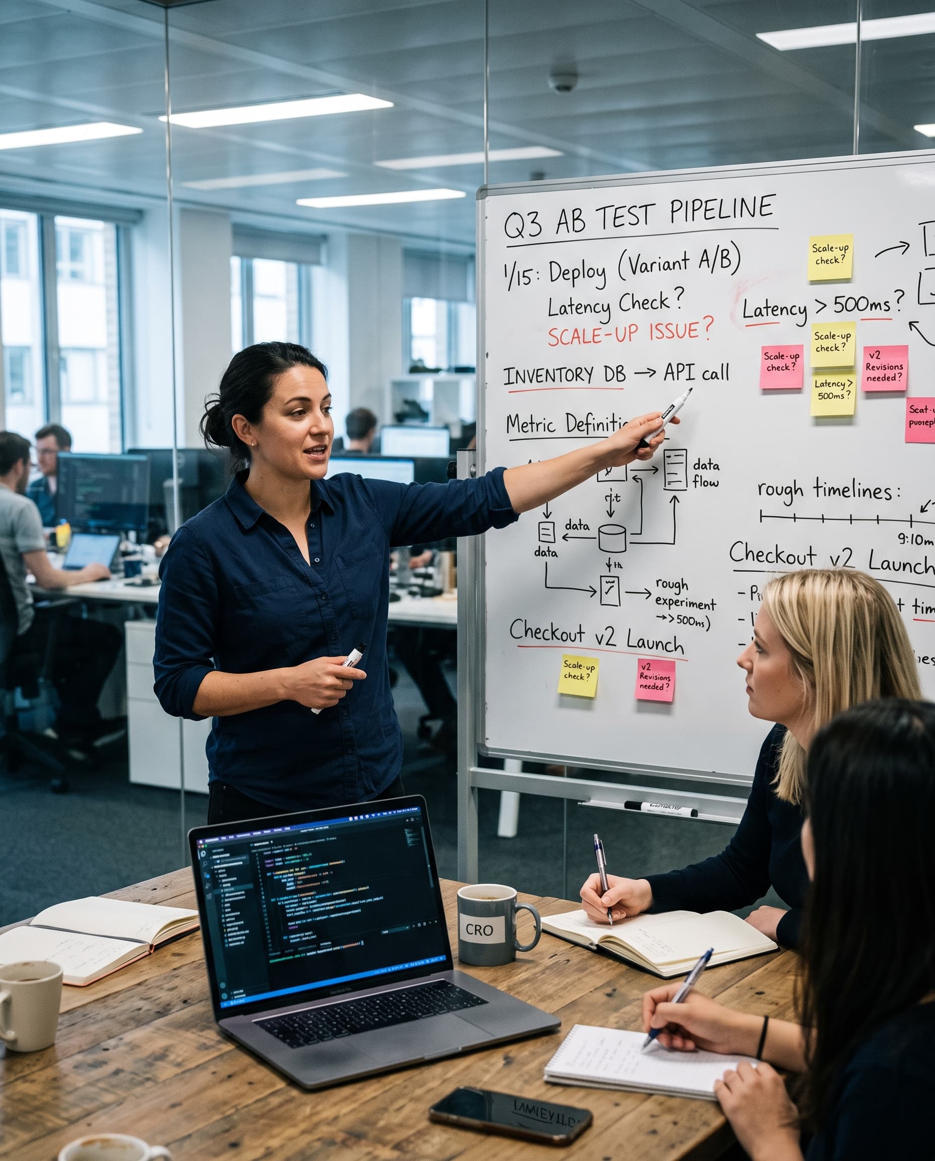 A product team reviewing responsive experiment variants and a QA checklist
